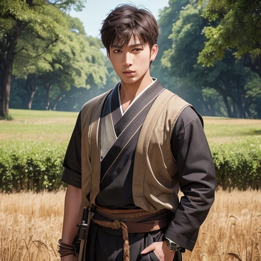 Handsome guy、(Photoreal:1.4),ultra high resolution, Super detailed, masterpiece, highest quality,oriental、boy、alone、game poster、tied the obi、pants、fields、farmer、bust shot
