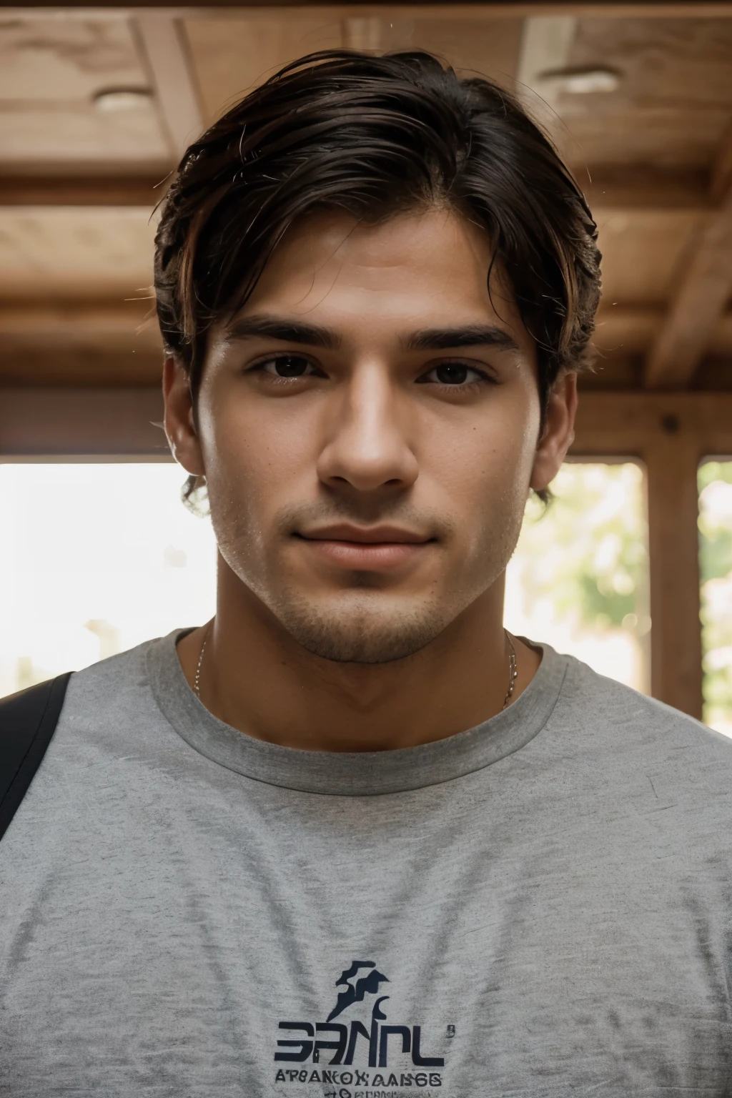 Retrato realista de um homem, a 25-year-old young man with a captivating and confident appearance. His expressive eyes convey a mixture of determination and kindness., enquanto seu sorriso sincero ilumina qualquer ambiente. He has dark, slightly wavy hair and an athletic build.. Your presence is comforting and inspiring, refletindo sua empatia e habilidade de se relacionar com as pessoas. Profissionalmente, Rafael stands out for his work ethic and leadership skills, sendo capaz de motivar sua equipe com seu carisma natural e resolver problemas de forma eficiente. Por favor, gere uma imagem realista de um homem de frente, destacando sua beleza interior e exterior.