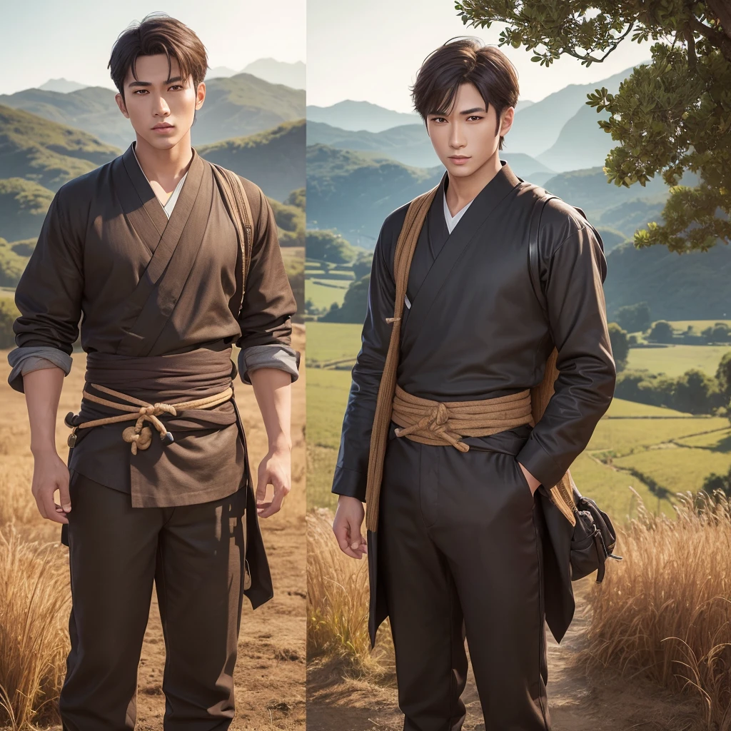 Handsome guy、(Photoreal:1.4),ultra high resolution, Super detailed, masterpiece, highest quality,oriental、boy、alone、game poster、tied the obi、pants、fields、farmer、bust shot