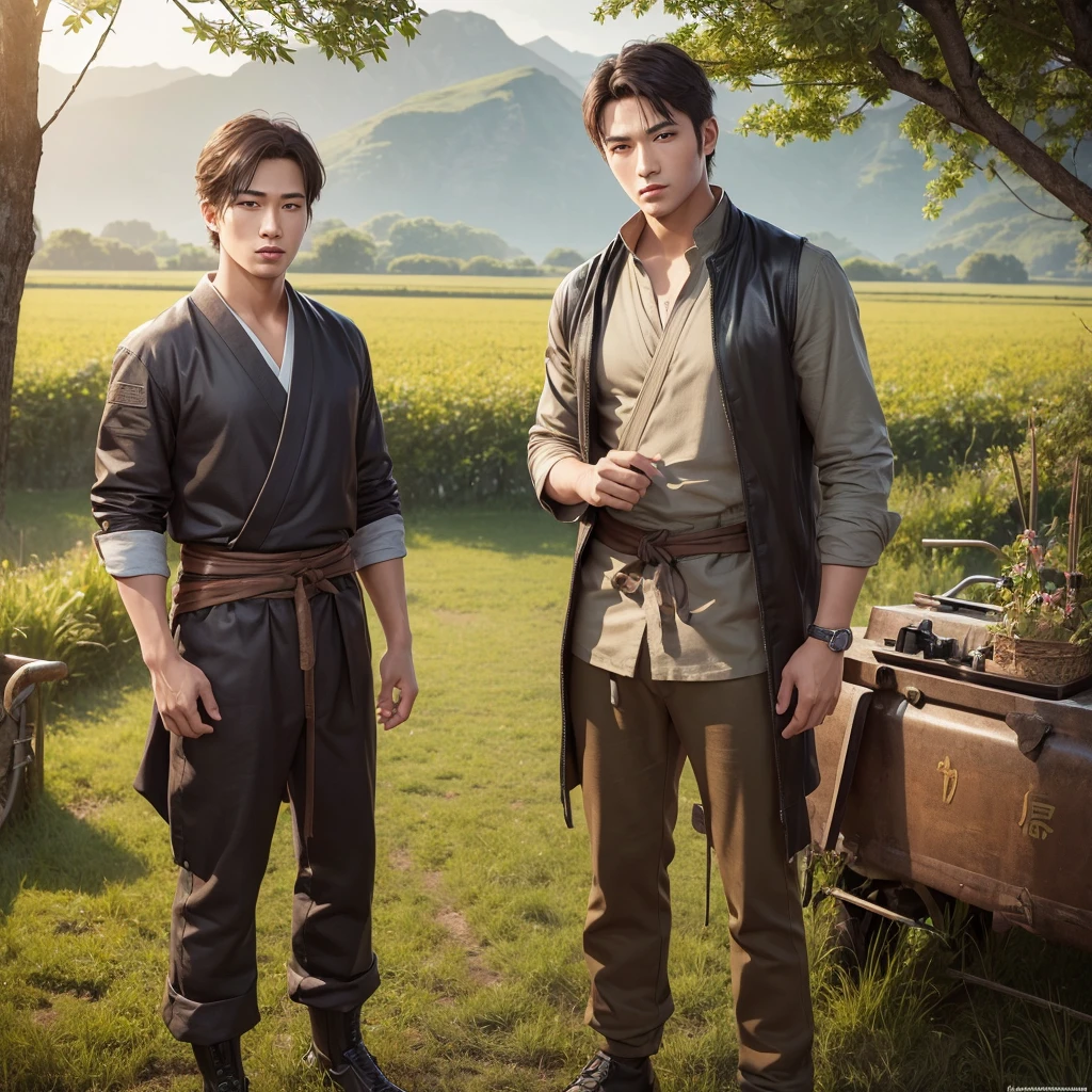 Handsome guy、(Photoreal:1.4),ultra high resolution, Super detailed, masterpiece, highest quality,oriental、boy、alone、game poster、tied the obi、pants、fields、farmer、bust shot