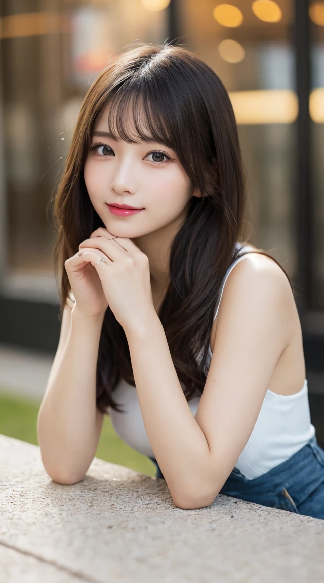 table top, highest quality, shape, Super detailed, finely, High resolution, 8k wallpaper, 完璧なダイナミックな構shape, beautiful and detailed eyes, Women's Fashion Winter,medium hair,,natural color lip, bold sexy pose,smile,Harajuku、20 year old girl、cute、sexy shot looking at camera