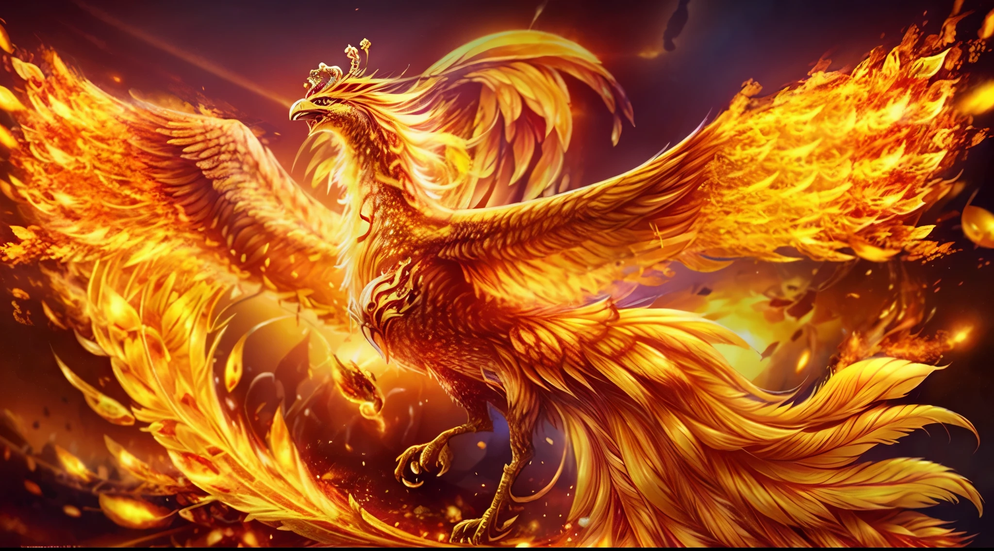 The phoenix is a mythical bird often portrayed with vibrant and fiery plumage in hues of red, orange, gold, and purple, symbolizing the intense flames it emerges from during its cyclical rebirth. Its majestic form resembles that of a large bird of prey, with expansive wings, a long and graceful neck, and an elegant tail. The phoenix may be adorned with a crest or crown on its head, contributing to its regal appearance. Surrounded by an aura of flames, the phoenix embodies the transformative power of fire, representing its ability to consume itself and rise anew from the ashes. This mythical creature is a symbol of renewal, immortality, and the enduring cycle of life, death, and rebirth.,Phoenix of Sora