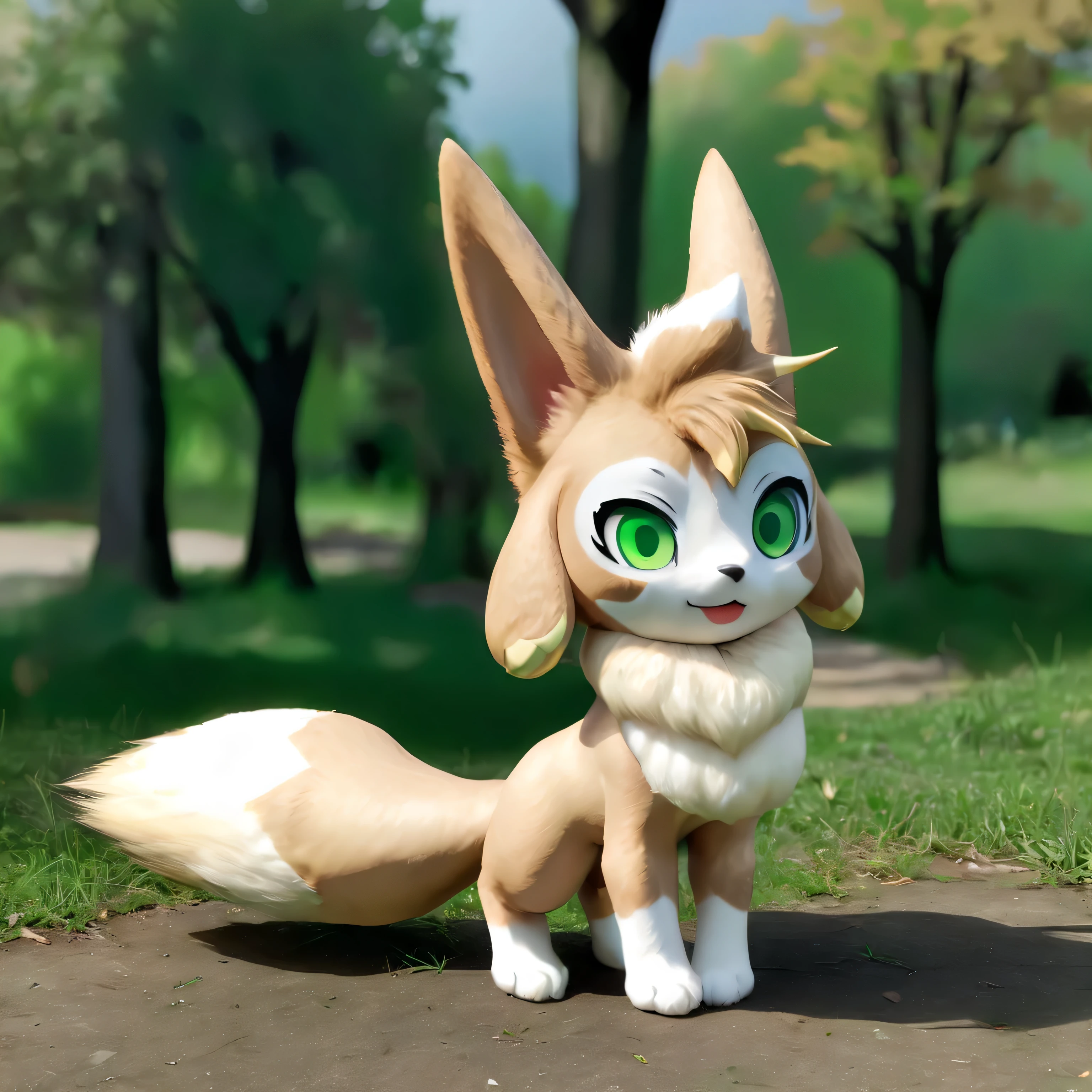 vxypwld style, cute vixy from palworld, big green eyes, beige and white fur, big fluffy tail, chest tuft, all fours, posing for fashion photos in the middle of the park, summer day, nature background