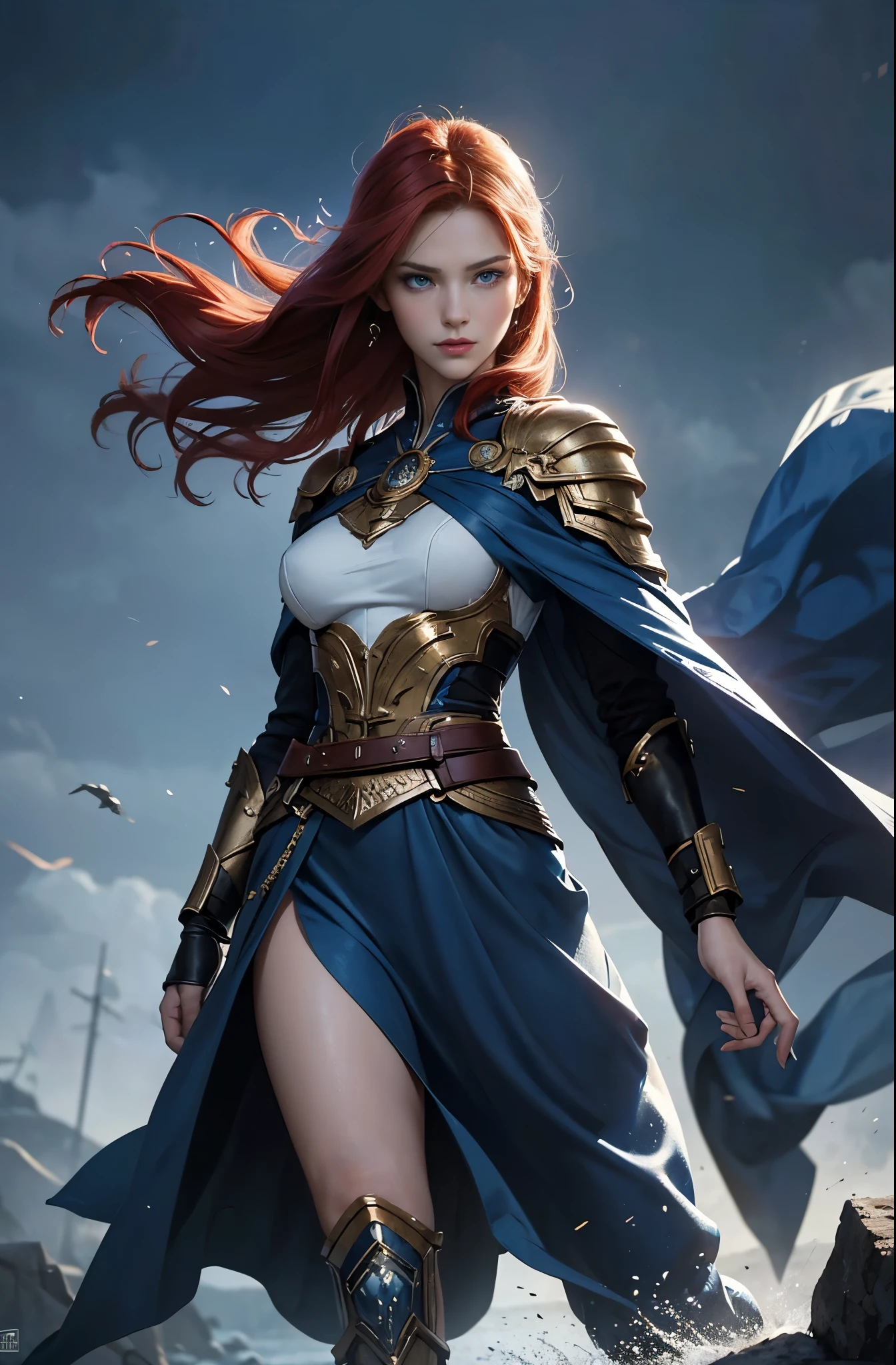 Battlefield commander with trident, A woman in her late 20s who boasts unparalleled beauty., red hair, Invincible female general, Brave, Awe-inspiring Hall々, The wind is thunderous, lightning speed, Be brave and bold, beautiful goddess of war, extremely detailed and beautiful eyes, blue eyes without pupils, Ride of Valkyrie, unparalleled beauty, perfect supermodel body, delicate, whole body slender, Tall and lean, Slender, quite beautiful face, beautiful, Cloak wrapped in the wind, Battle Master, wallop style, Style Ivan Talavera and Artgerm, wallop and art germ, art germ style, inspired by Vincent Lefevre, Gwaites style artwork, artgerm and wlop, figurative art, Beautiful and expressive paintings, Beautiful artwork illustration, wonderful, cool beauty, highest quality, official art, perfect composition, perfect angle, best shot, female solo, sharp outline, nostalgia, romantic, blue eyes without pupils, color eye, mysterious, fantasy, Sense of presence, battlefield, combat readiness, battle scene