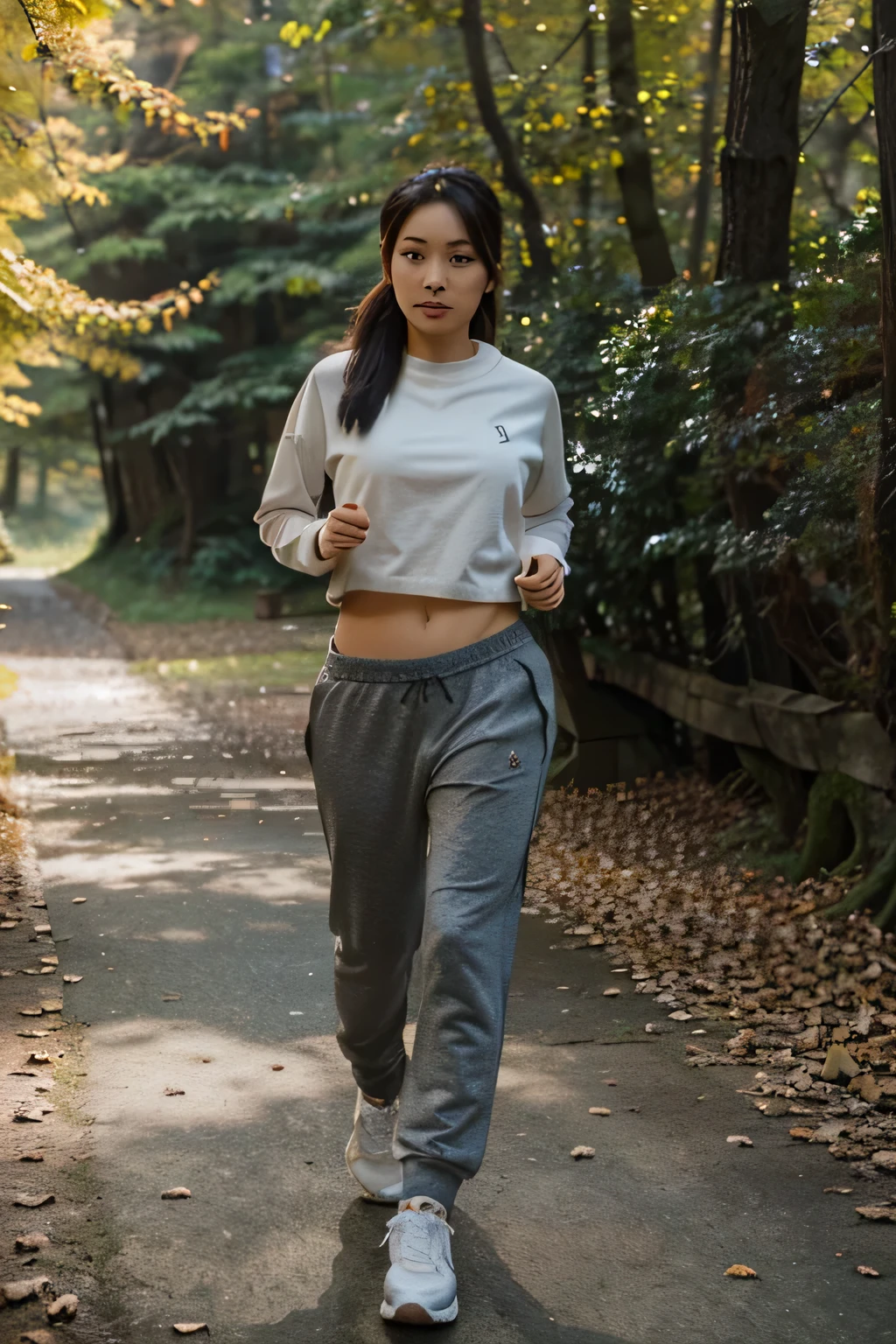 Portrait of a beautiful Asian woman wearing sweatpants, Morning jog in the forest in autumn
