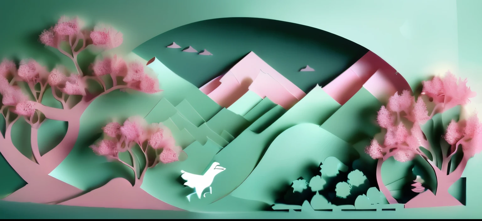 Chinese landscape illustration，Three-dimensional paper cutting，Paper carving，minimalistic composition，Pink cherry blossom tree，Green pine trees，4K，3D立体渲染