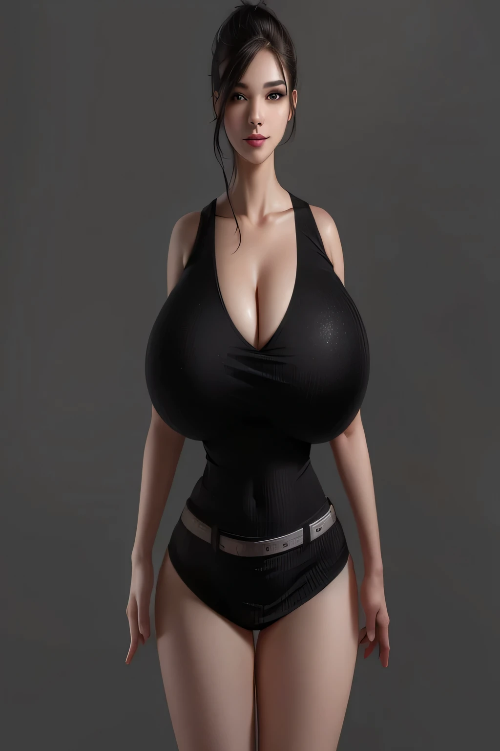 woman in a black top and a belt, thicc, realistic shaded, photorealistic, highly detailed character, highly detailed body, in tight short dress, hyperrealistic full figure, mighty plump female,  heavy detailed, realistic girl, smiling, looking at the camera, short messy hair, white-skinned, rounded eyes, cyan blue shirt, black shorts, close up, magazine shot, dynamic pose