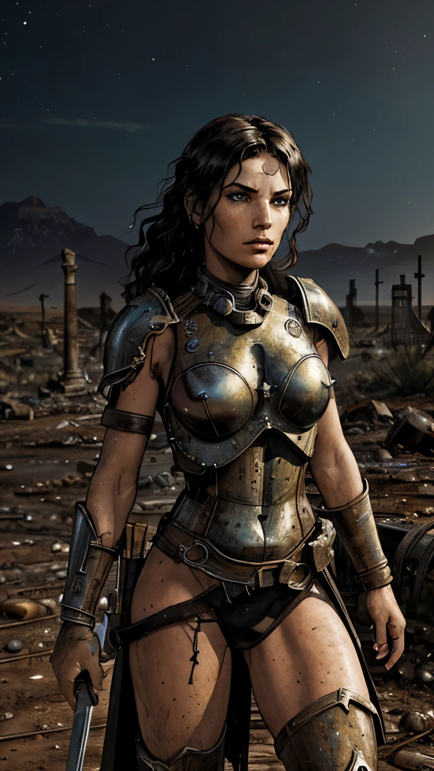 8k wallpaper，ultra-detailed，rich details, combat pose, ultra transparent，8k, Best quality at best，best quality，MYSTIC，woman warrior, black armor, Ancient Greek style armor, hair black, wavy hair, middle parting, athletic body, blue eyes, serious face, （（（sword in hand））），Greek ruins atmosphere, facing the audience，(((A withered battlefield，remains，Summary , Wasteland，barren，A desert)))，Sadness outside，Battlefiled，Old battlefield, （（night，dimly lit，Dark 1.3）），Bust composition