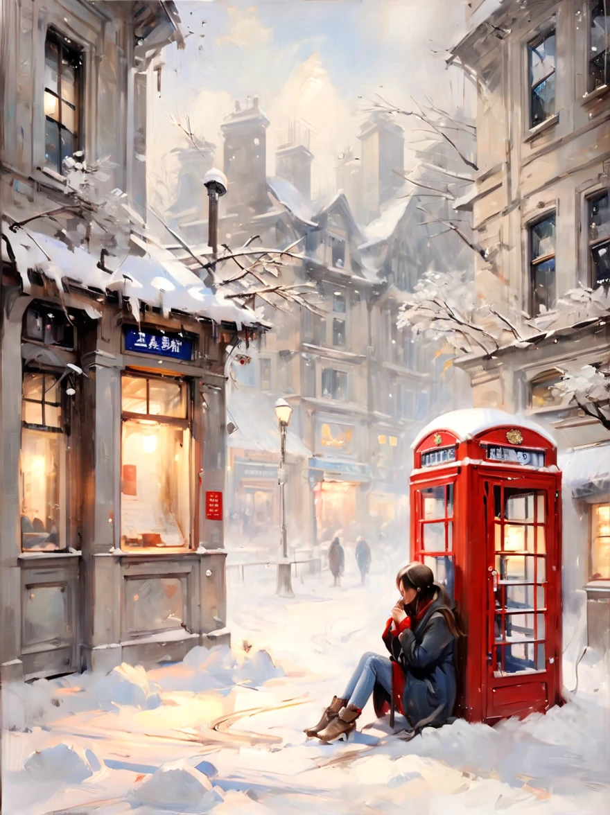 Midwinter，heavy snowfall，Everything is covered in snow and ice。street corner，There is a phone booth，A beautiful girl squatting on the ground，waiting alone。This scene captures the cold white blanket of snow combined with the warmth emanating from the phone booth、The contrast between the rays of hope，Highlighting the girl&#39;s loneliness and anticipation in this serene and somber winter landscape。