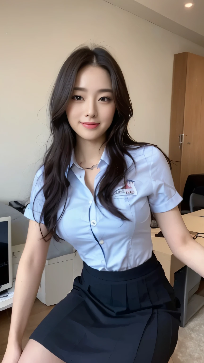 ((top-quality、8k、masterpiece:1.3))、Beautiful woman with perfect body:1.4、slim abdomen:1.2、Longhair, normal breast, Highly detailed facial and skin texture, A detailed eye, delicate eyes, (smile), (full body shot), ((office)), (sitting on chair), (((wearing office uniform))), looking in front,