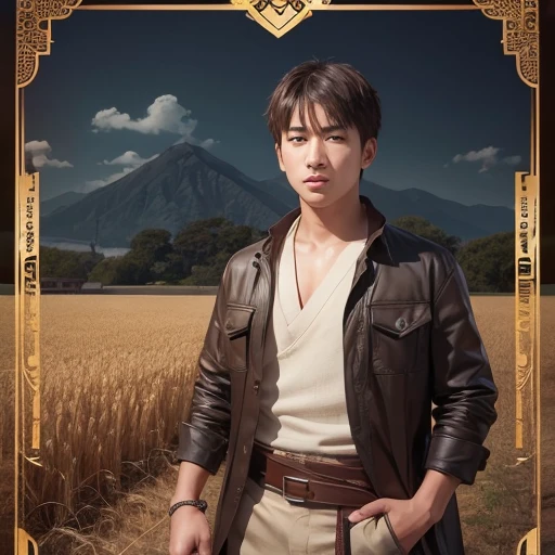 handsome and ???、(Photoreal:1.4),ultra high resolution, Super detailed, masterpiece, highest quality,oriental、boy、alone、game poster、tied the obi、pants、fields、farmer、bust shot
