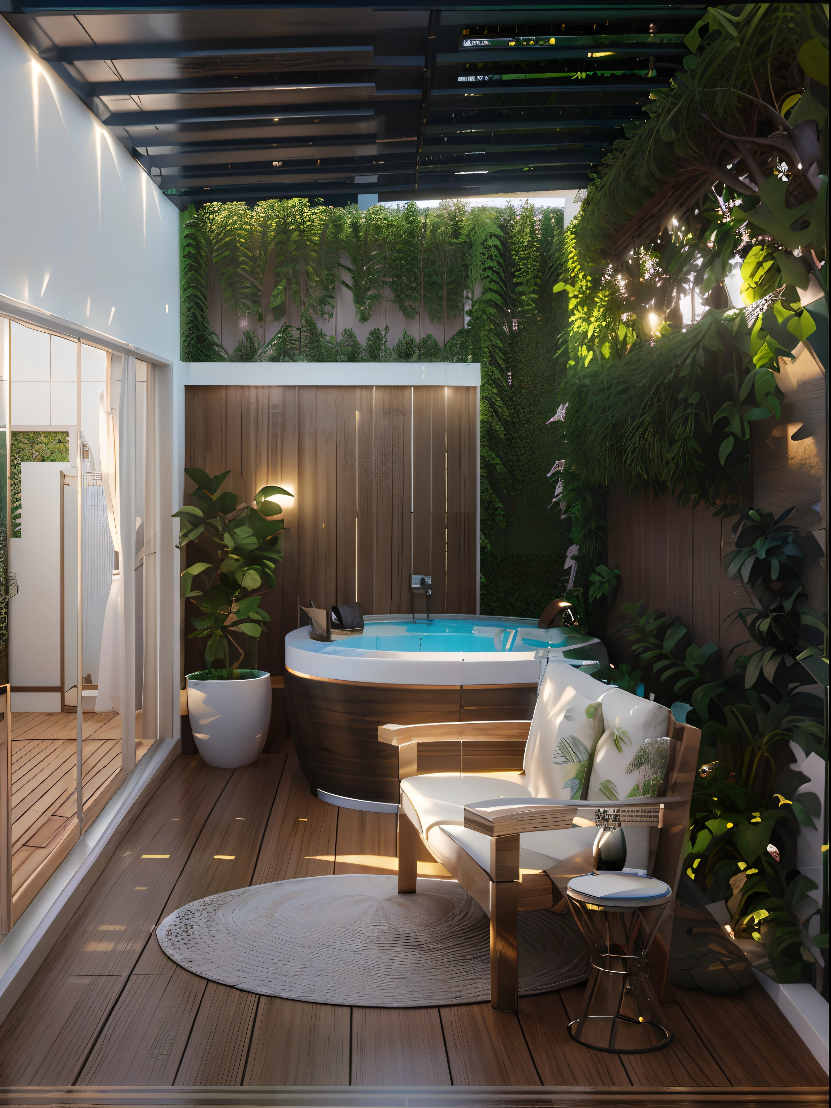 A rendering of a garden with a bathtub and a bench with cushions, pequena mesinha, tapete, vaso de planta, hidromassagem, pergolado no teto, luz entrando pelo teto, Skylight, janela de vidro, porta de vidro, luz entrando, sunset, Detailed rendering, enscape render, renderizado no enscape, Casa Conceito, detail render, digital render, Terrarium lounge area, photographic render, concept eclectic, projeto residencial, 2 d render, detailed render, humor biofilia, architectural visualisation, plants and patio, high detail 3 d render, tons escuros, parede cinza, janela de vidro com metal preto, metais em preto, wooden floor, janela ao fundo com cortina,