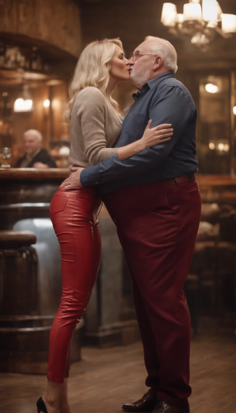 In a dirty pub A 35 years old blonde woman with red leather pants and high heels are kissing an older fat dirty man