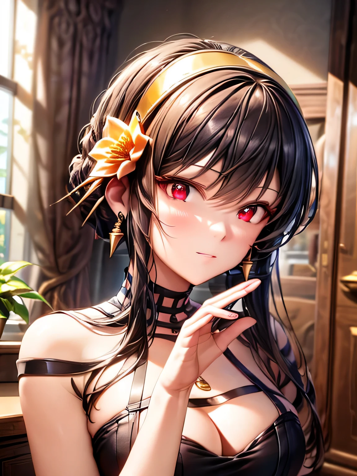 (masterpiece:1.2), best quality, High resolution, unity 8k wallpaper, (illustration:0.8), (beautiful detailed eyes:1.4), extremely detailed face, perfect lighting, extremely detailed CG, (perfect hands, perfect anatomy), shining eyes, Feminine style,good, Youghal_a, red eyes, hairband, jewelry, earrings, hair ornament, hair flower, flower, gold hairband, dress, black dress,flower,