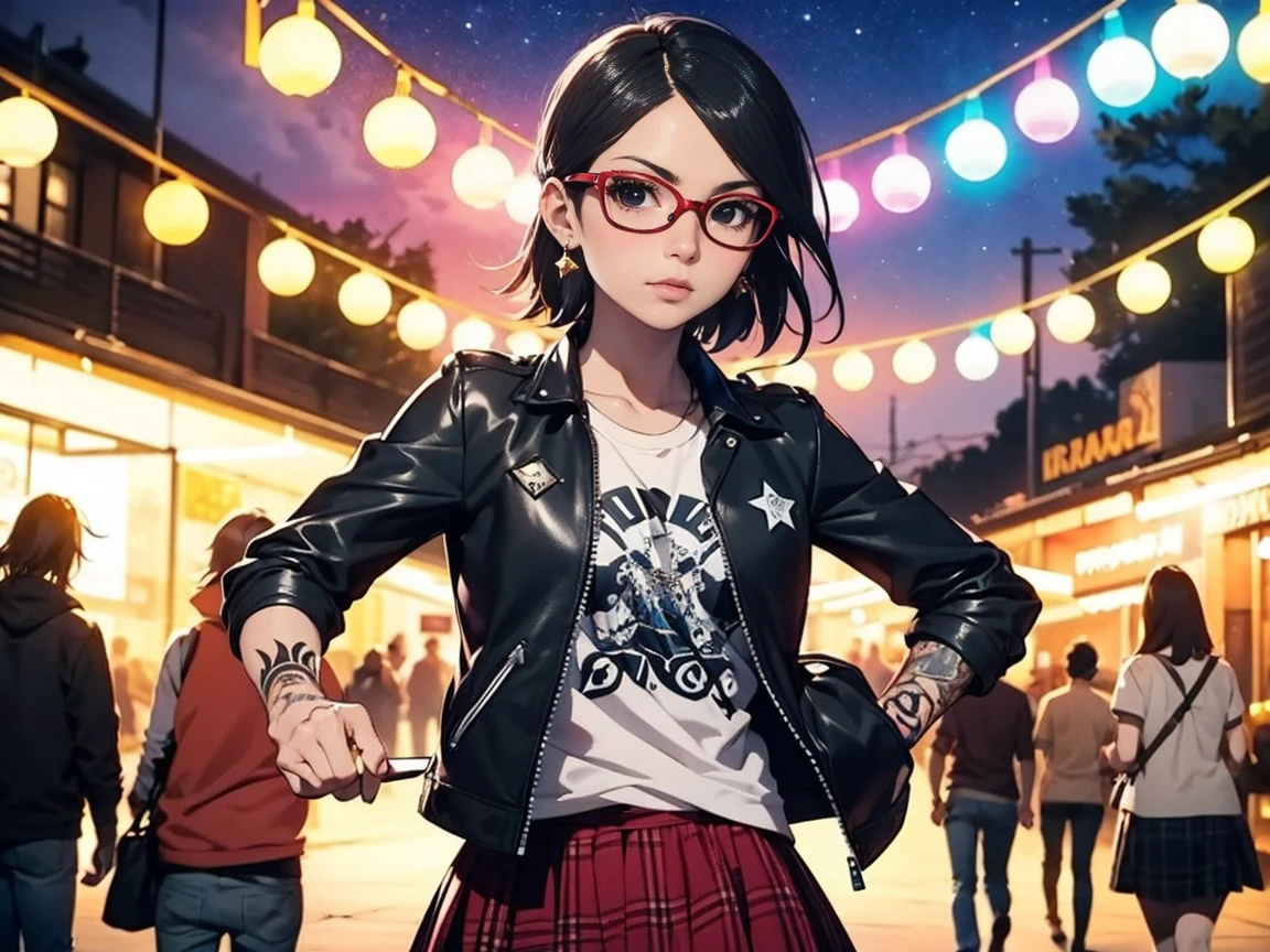 Sarada Uchiha with short hair, black eyes, wearing red glasses, she is wearing earrings and strings. She is dressed like a punk rocker. ( She is wearing a white t-shirt with a rock band print, a plaid skirt and a leather jacket with tattoos ), ( e está em um parque de diversões iluminado em uma noite estrelada andando de carrossel em cima de um dragão. (carrossel de dragão )
