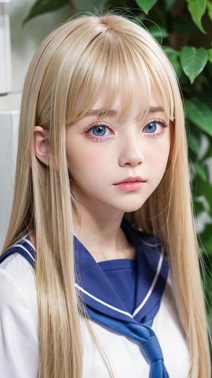 12 year old beautiful girl with a beautiful cute face、Beautiful beautiful blonde straight long hair、Super Long Straight Hair、half body shot、Beautiful long bangs、Very beautiful bright and shining pale sky blue big eyes、very big eyes、Blonde between the eyes、round face、blonde hair above the eyes、片blonde hair above the eyes、school uniform、sailor suit、Very white and young beautiful skin、cheek gloss、cheek highlights、small face beauty