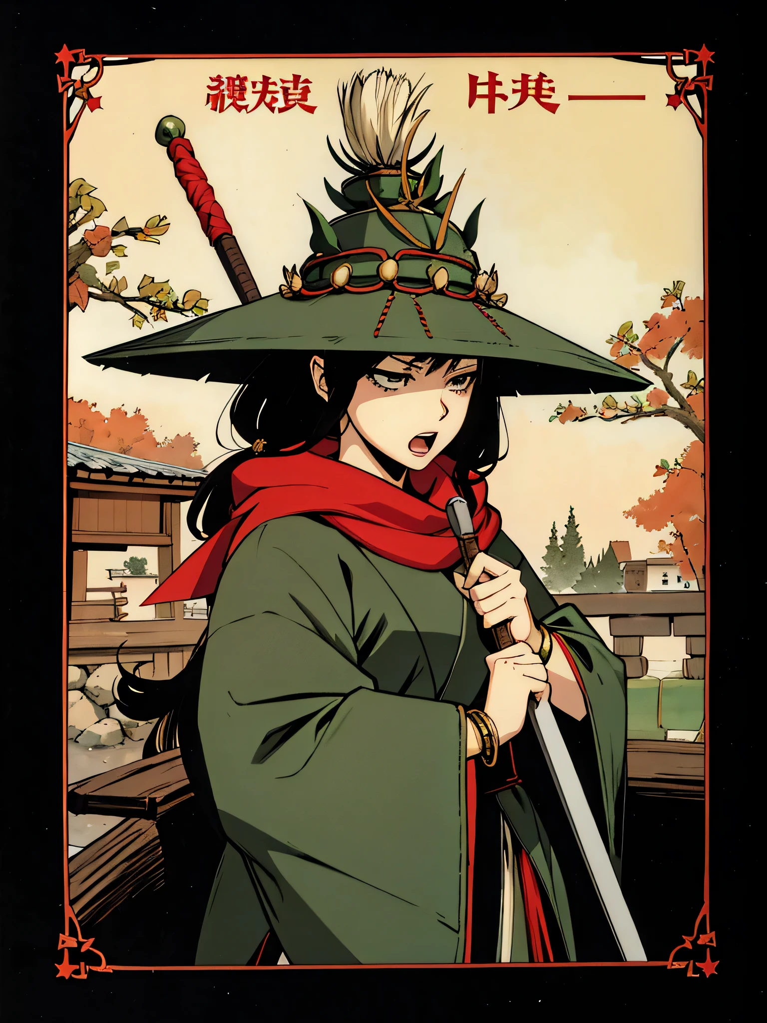 nsfw、erotic manga、sexy legs、ahe face、Japanese manga style comic book page, featuring a cute, Anime female character in a state of shock or surprise. she opens her mouth wide as if screaming, and the other hand is raised to show her reaction.emphasize her vigilance.black tied back hair, bracelet. She wears a green wizard-like traveling suit, but she is a swordsman.、single eyelid、 It is characterized by being cool, The setting is a bedroom in a dilapidated medieval inn.