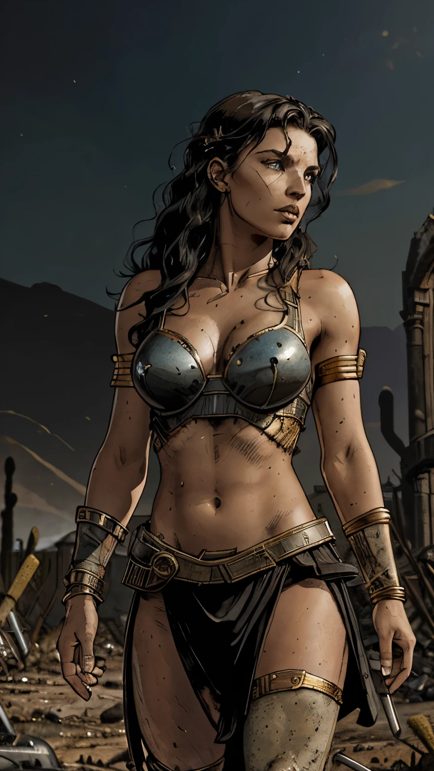 8k wallpaper，ultra-detailed，rich details, combat pose, ultra transparent，8k, Best quality at best，tiara in front, silver bracelets, best quality，MYSTIC，woman warrior, black armor and gold, Ancient Greek style armor, black hair, wavy hair, middle part, athletic body, blue eyes, serious face, （（（sword in hand））），Greek ruins atmosphere, facing the audience，((( A withered battlefield，remains，Abstract, Wasteland，barren，A desert)))，Sadness outside，Battlefiled，Old battlefield, （（the night，dimly lit，Dark 1.3）），Bust composition