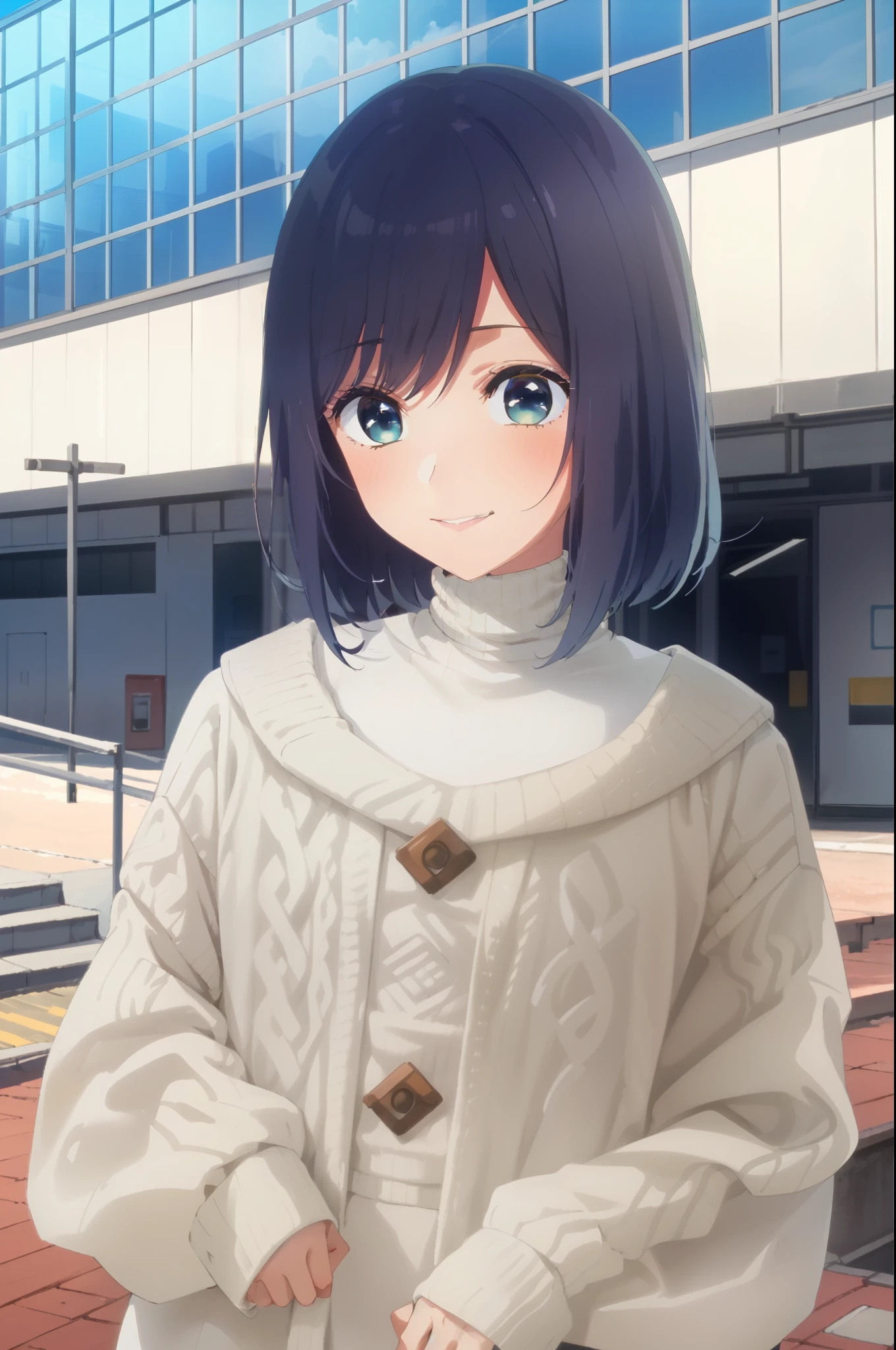 masterpiece, highest quality, 8K, ultra high resolution, highest quality, anime style, best writing, beautiful face, beautiful lighting, 1 girl, alone, Akane, (turtleneck shirt:1.3), (white sweater:1.3), (In front of the station:1.3), smile, Hide your hands with sleeves