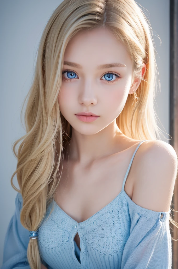bright look、photorealism、highest quality、Super high resolution、The most beautiful Nordic girls photos、cute and beautiful face details、small face、Fit and flare dress、big breasts、Slender、19 years old、Crystal clear white skin、big light blue eyes、blonde、shoulder length、asymmetrical lob hair、cowboy shot、
