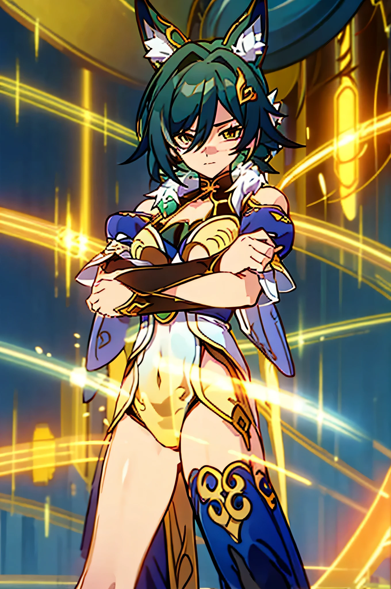 (Best quality at best, A high resolution, Japanese cartoons) draw them arms crossed with alot of yellow aura like the ones in dragon ball z show