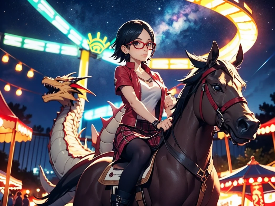 Sarada Uchiha with short hair, black eyes, wearing red glasses, she is wearing earrings and strings. She is dressed like a punk rocker. ( She is wearing a white t-shirt with a rock band print, a plaid skirt and a leather jacket with tattoos, pantyhose ), ( and is riding in a brightly lit amusement park on a starry night (with dragon carousel behind her) )