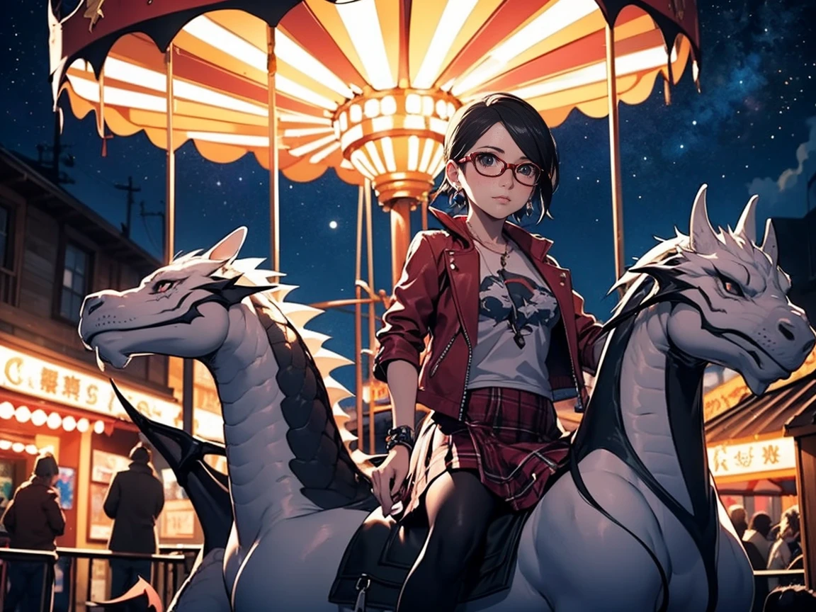 Sarada Uchiha with short hair, black eyes, wearing red glasses, she is wearing earrings and strings. She is dressed like a punk rocker. ( She is wearing a white t-shirt with a rock band print, a plaid skirt and a leather jacket with tattoos, pantyhose ), ( and is riding in a brightly lit amusement park on a starry night (with dragon carousel behind her) )