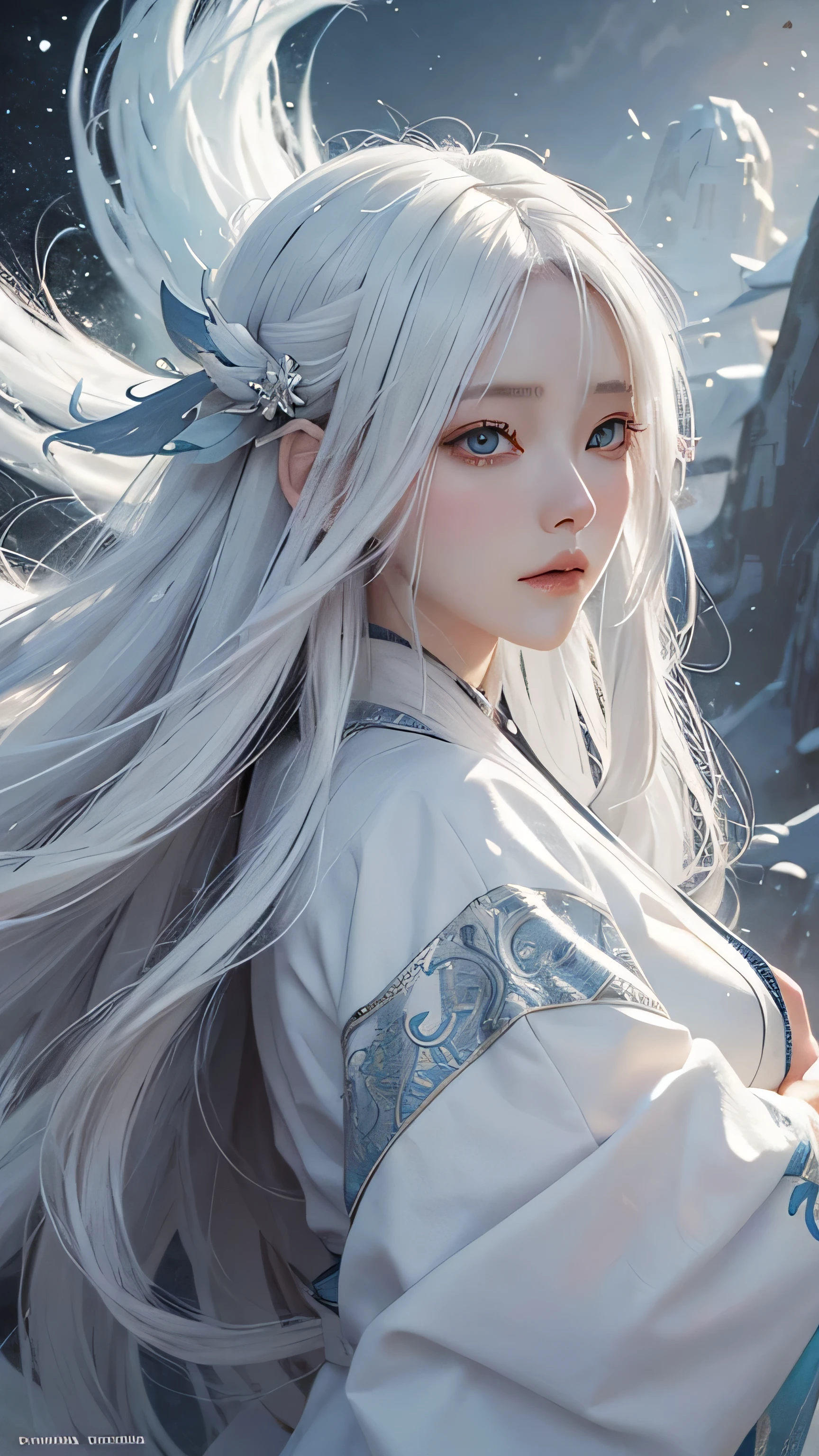 A pixiv competition winner, fantasy art, white-haired god, beautiful character painting, guvez style artwork, dazzling gaze of Yuki Onna, guweiz, long white hair, flowing hair and robes, cute big eyes, illustrations, fine lines, deep color