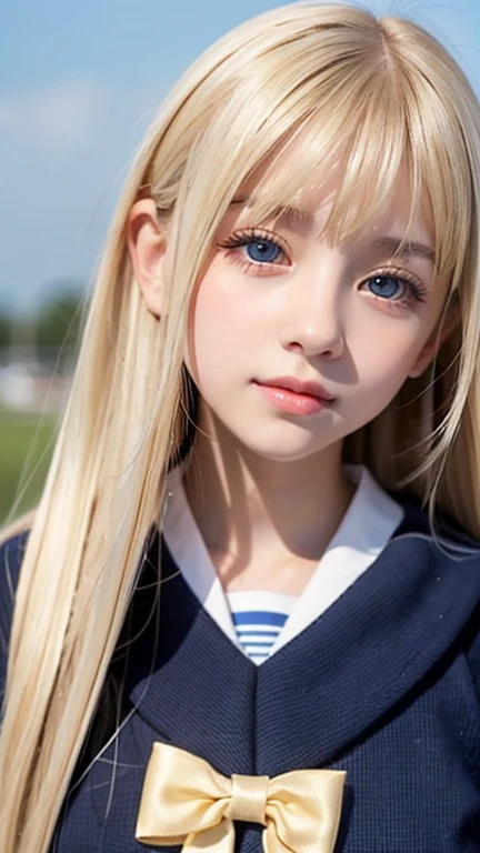 12 year old beautiful girl with a beautiful cute face、Beautiful beautiful blonde straight long hair、Super Long Straight Hair、half body shot、Beautiful long bangs、Very beautiful bright and shining pale sky blue big eyes、very big eyes、Blonde between the eyes、round face、blonde hair above the eyes、片blonde hair above the eyes、school uniform、sailor suit、Very white and young beautiful skin、cheek gloss、cheek highlights、small face beauty