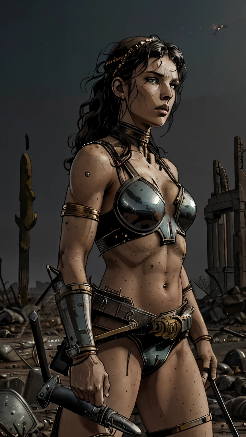 8k wallpaper，wounds on the body, blood on the body, ultra-detailed，rich details, sword wound on leg, blood on face, broken armor on chest, nipples visible, bare breasts, topless, pose combat, ultra transparent，8k, The best quality in the best of the cases.，metal belt, belt with the letter engraved as a buckle, tiara in front, silver bracelets, the best quality, MYSTIC, woman warrior, black and gold armor, , Ancient Greek style armor, black hair, wavy hair, middle parting, athletic body, blue eyes, serious face,（（（sword in hand））），Greek ruins atmosphere, facing the audience，(((A withered battlefield ，remains，Abstract, Wasteland，barren，Adesert]))，Sadness outside，Battlefiled，Old battlefield, （（night，dimly lit，Dark 1.3）），Bust composition