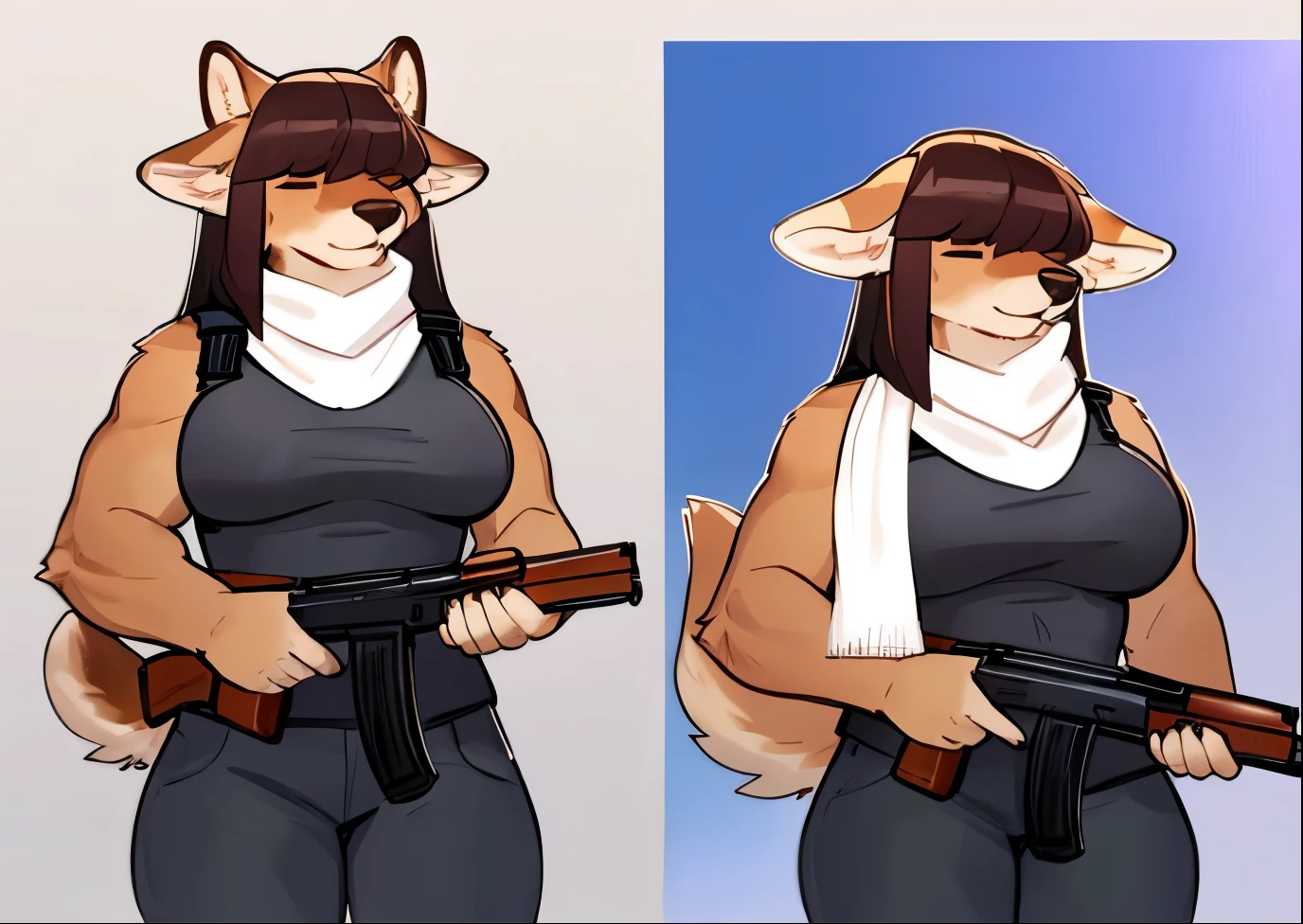 By bebebebebe, by lostgoose, by goonie-san, female, ((canine, snout, hair covering eyes, straight hair, medium hair, flat hair, ears, thin snout)), brown fur, (big poofy tail, raised tail), dark maroon hair, (muscular), (big breasts), solo, ((holding AK47, AK-47)), tight black jeans, white scarf, bulletproof vest