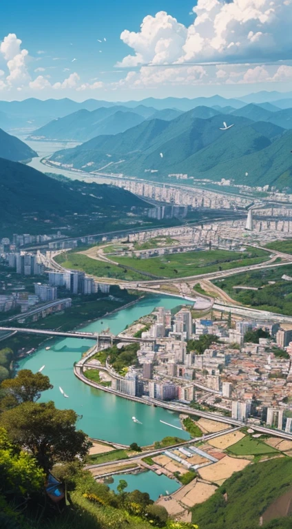 A view from the top of Mountain . At the foot of the mountain, a river flows. A golden pagoda can be seen in the distance. The sky is saffron. Two birds are flying in the sky. A boat is floating in the river. The view is very beautiful. 
