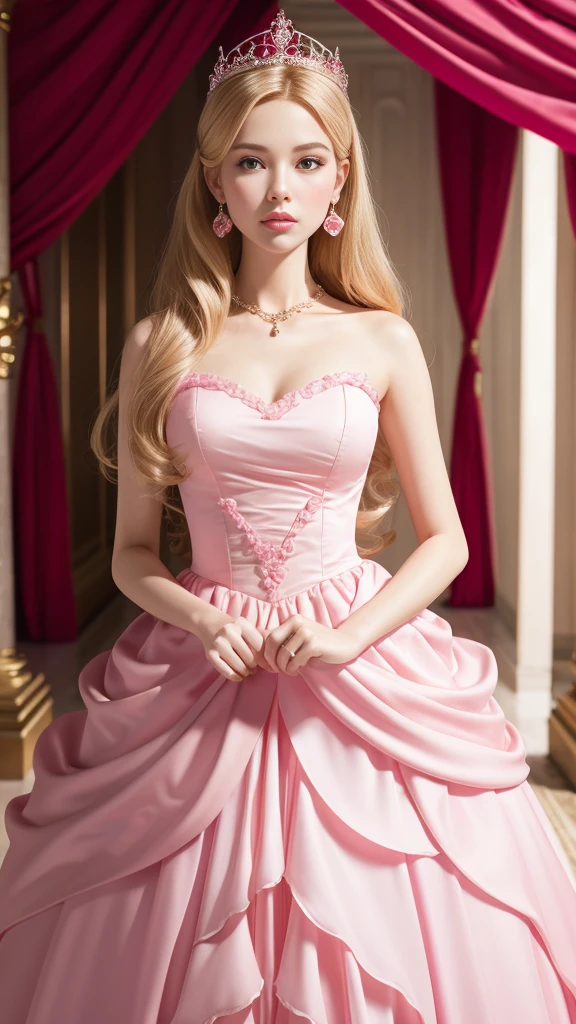 Barbie princess in cute pink dress, Wearing a beautiful crown, Interior photography of a monumental maze, Inflatable pink roses, Art installations by Martin Creed, ((Full body shot)), Pink background, Delicate face, White skin, Delicate facial features, Perfect facial features, Delicate hair portrayal, Delicate eye depiction, 8K picture quality, a sense of atmosphere, The highest quality, masterwork, Extreme detail, high resolution, blurryforeground, foreshortening, High quality, Masterpiece, Best quality