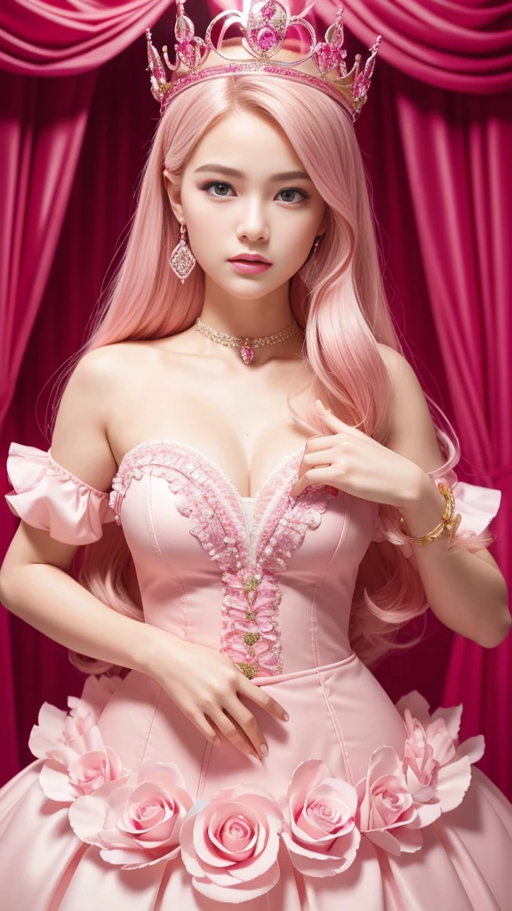 Barbie princess in cute pink dress, Wearing a beautiful crown, Interior photography of a monumental maze, Inflatable pink roses, Art installations by Martin Creed, ((Full body shot)), Pink background, Delicate face, White skin, Delicate facial features, Perfect facial features, Delicate hair portrayal, Delicate eye depiction, 8K picture quality, a sense of atmosphere, The highest quality, masterwork, Extreme detail, high resolution, blurryforeground, foreshortening, High quality, Masterpiece, Best quality