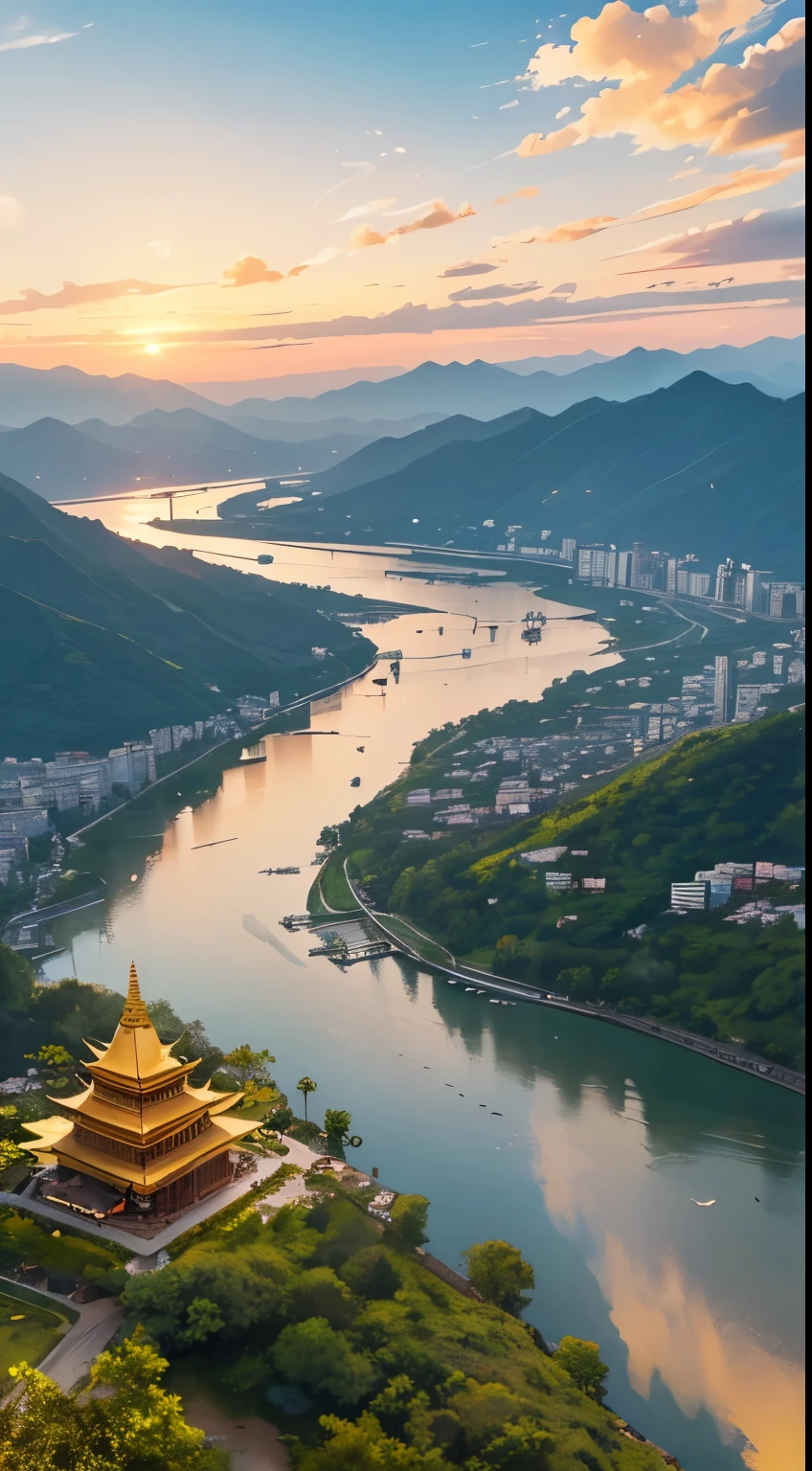 A view from the top of Mountain . At the foot of the mountain, a river flows. A golden pagoda can be seen in the distance. The sky is saffron. Two birds are flying in the sky. A boat is floating in the river. The view is very beautiful.