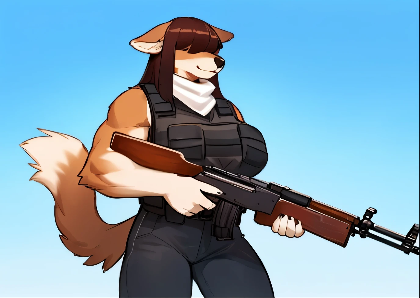 By bebebebebe, by lostgoose, by goonie-san, female, ((canine, snout, hair covering eyes, straight hair, medium hair, flat hair, ears, thin snout)), brown fur, (big poofy tail, raised tail), dark maroon hair, (muscular), (big breasts), solo, ((holding AK47, AK-47)), tight black jeans, white scarf, bulletproof vest