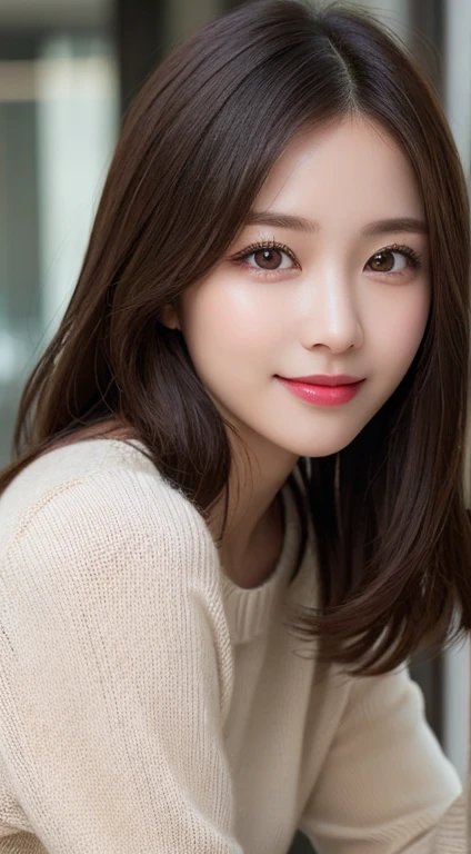 table top, highest quality, shape, Super detailed, finely, High resolution, 8k wallpaper, 完璧なダイナミックな構shape, beautiful and detailed eyes, knit sweater,medium hair,,natural color lip, bold sexy pose,smile,20 year old girl、cute、sexy shot looking at camera