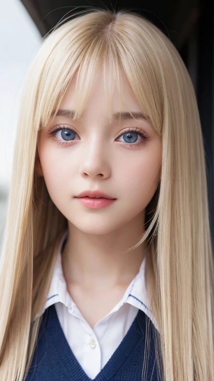 12 year old beautiful girl with a beautiful cute face、Beautiful beautiful blonde straight long hair、Super Long Straight Hair、half body shot、Beautiful long bangs、Very beautiful bright and shining pale sky blue big eyes、very big eyes、Blonde between the eyes、round face、blonde hair above the eyes、片blonde hair above the eyes、school uniform、sailor suit、Very white and young beautiful skin、cheek gloss、cheek highlights、small face beauty