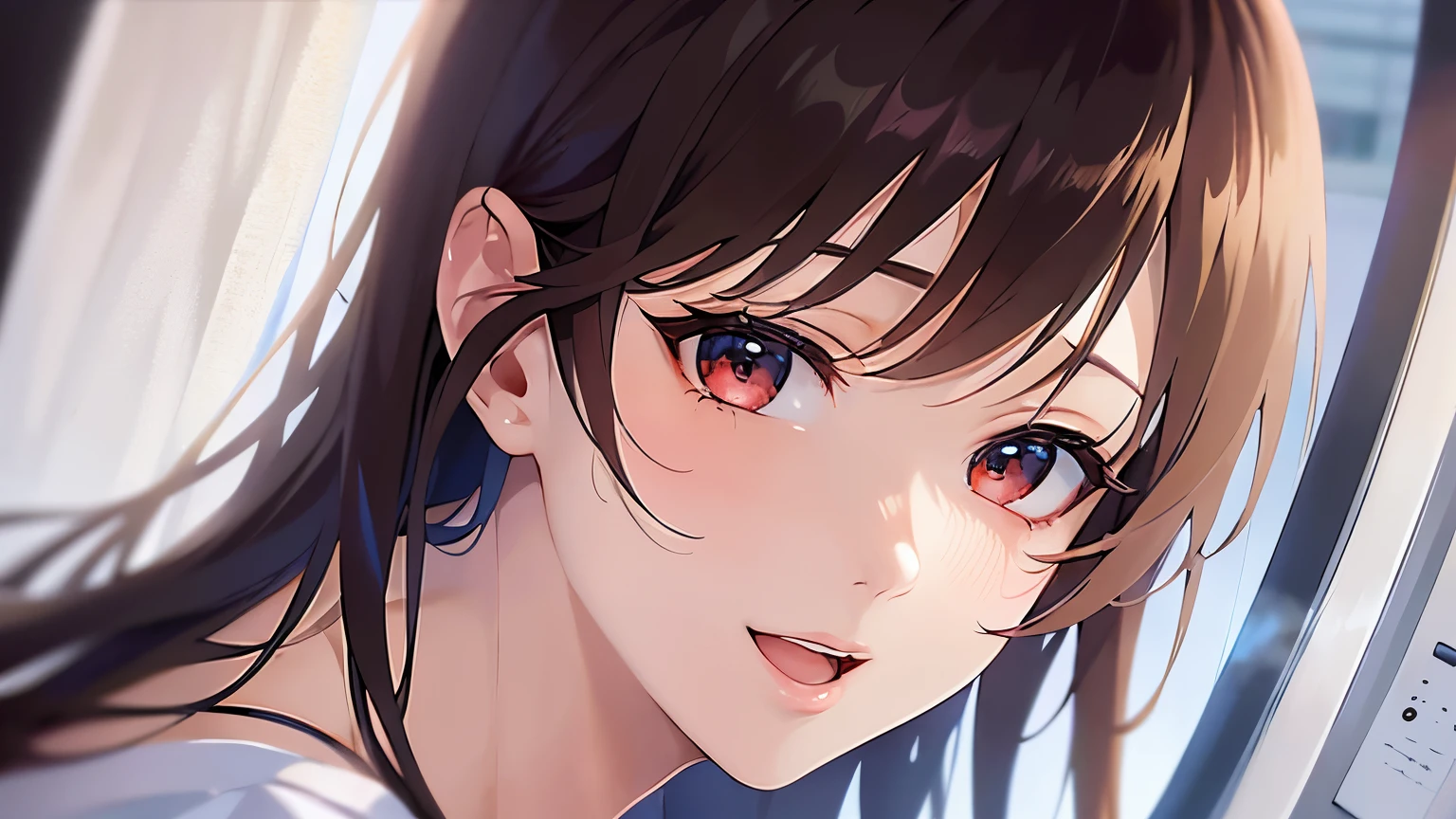 Upper Body, (cinematic angle:1.5), Realistic, real person, RAW photo, photorealistic, portrait photography, shiny skin, japanese idol、A 25-year-old woman with medium-long hair with bright chestnut bangs.、red eyes, wearing a white off-shoulder blouse、wearing a gray skirt、cleavage is visible、smile, open mouth, blush, The background is the entrance、Alone、Staring, (entrance:1.3)