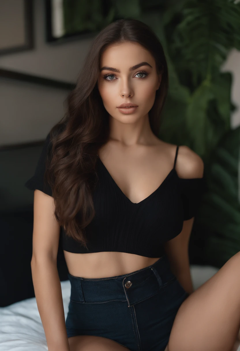 arafed woman with black clothes, sexy girl with brown eyes, portrait sophie mudd, brown hair and large eyes, selfie of a young woman, bedroom eyes, violet myers, without makeup, natural makeup, looking directly at the camera, face with artgram, subtle makeup, stunning full body shot, in bedroom, cleavage