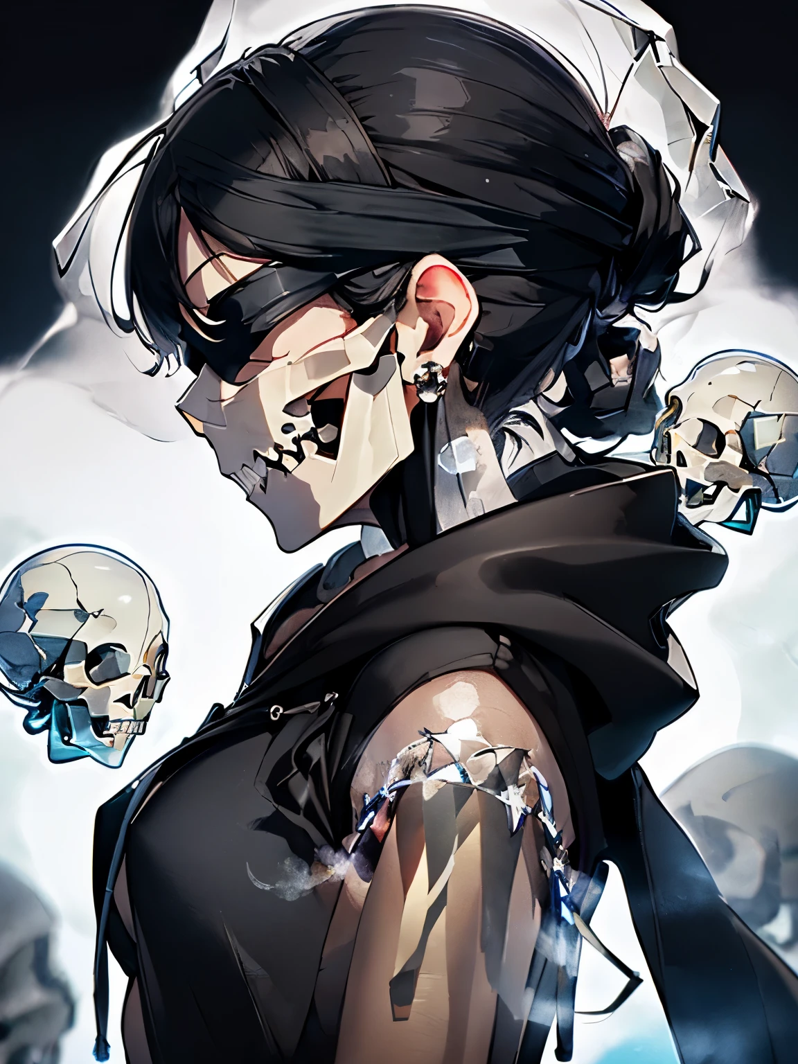character//1 girl,(Shiny black hair that shines blue-black:1.2),((curly long hair:1.2)),((blindfold:1.5)),((blindfoldの下から青黒い涙:1.2)),BREAK//(black witch-like robe:1.3),((wearing the hood of a robe:1.3)),(nails are sharp and long:1.4),((Large earrings that sparkle suspiciously:1.2)),BREAK//((Transparent crystal in the shape of a skull:1.6)),((skull crystal size:1.6)),((There are many ghosts and ghosts around.:1.2)),BREAK//((:1.4),BREAK//((Vague white steam rises against the black darkness background:1.3)),(((No background:1.2))),((small breasts:1.3)),((profile:1.3)),(close up of face)