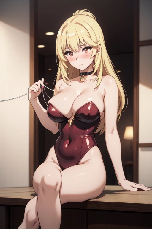 (masterpiece, best quality:1.2), 1girl, blonde hair, large breasts, choker, playboy suit, indoors, lights, blush, Sit