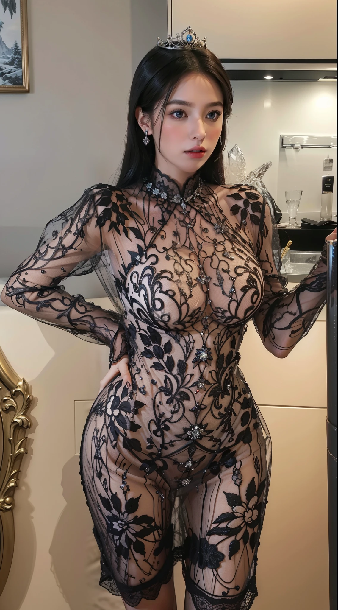Royal sister,exquisite eyes,Detailed facial expressions body,tall figure,number,Leg length,4K,HD,Translucent lace,Fair and plump figure,pretty face,Little cherry mouth,beautiful and delicious(3D royal sister),exquisite dress,Wear crystal jewelry,Gorgeous crystal gems,Gem and jewelry crown,The colors of the picture are very vibrant,Gorgeous ice and snow princess,