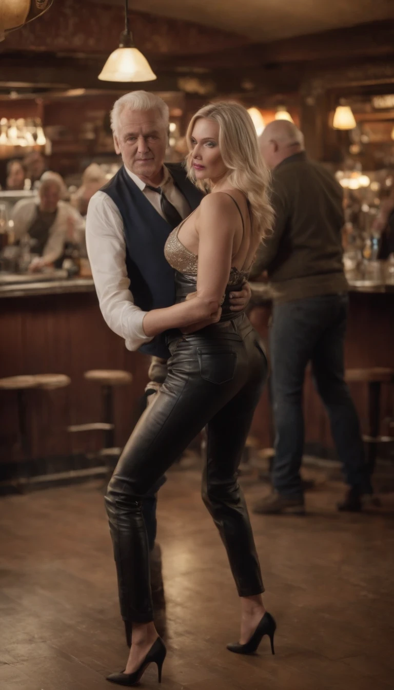 In a dirty pub A 35 years old blonde woman with black leather pants and high heels are dancing in the counter and an older fat dirty man showing Her the money, pleasure, exhibitionist girl