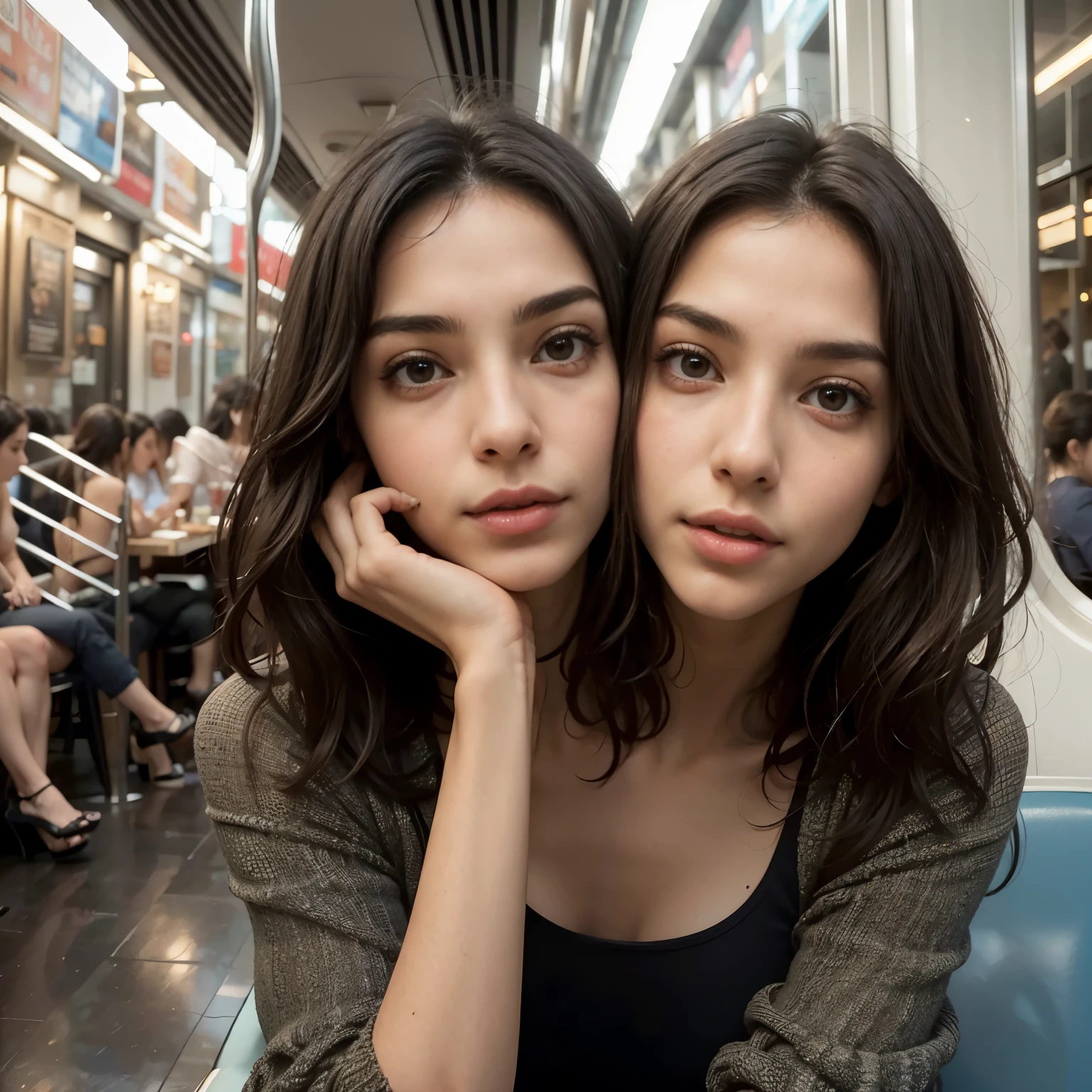 best resolution, (two_heads:1.2), israeli woman with two heads, 21 years old, youthful, wearing a wearing a two piece dress, sitting at a restaurant table, staring at viewer