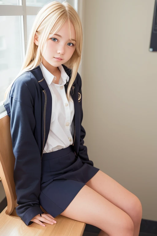 a very cute blonde 14yo girl, naked over school uniform, sitting, raw photo