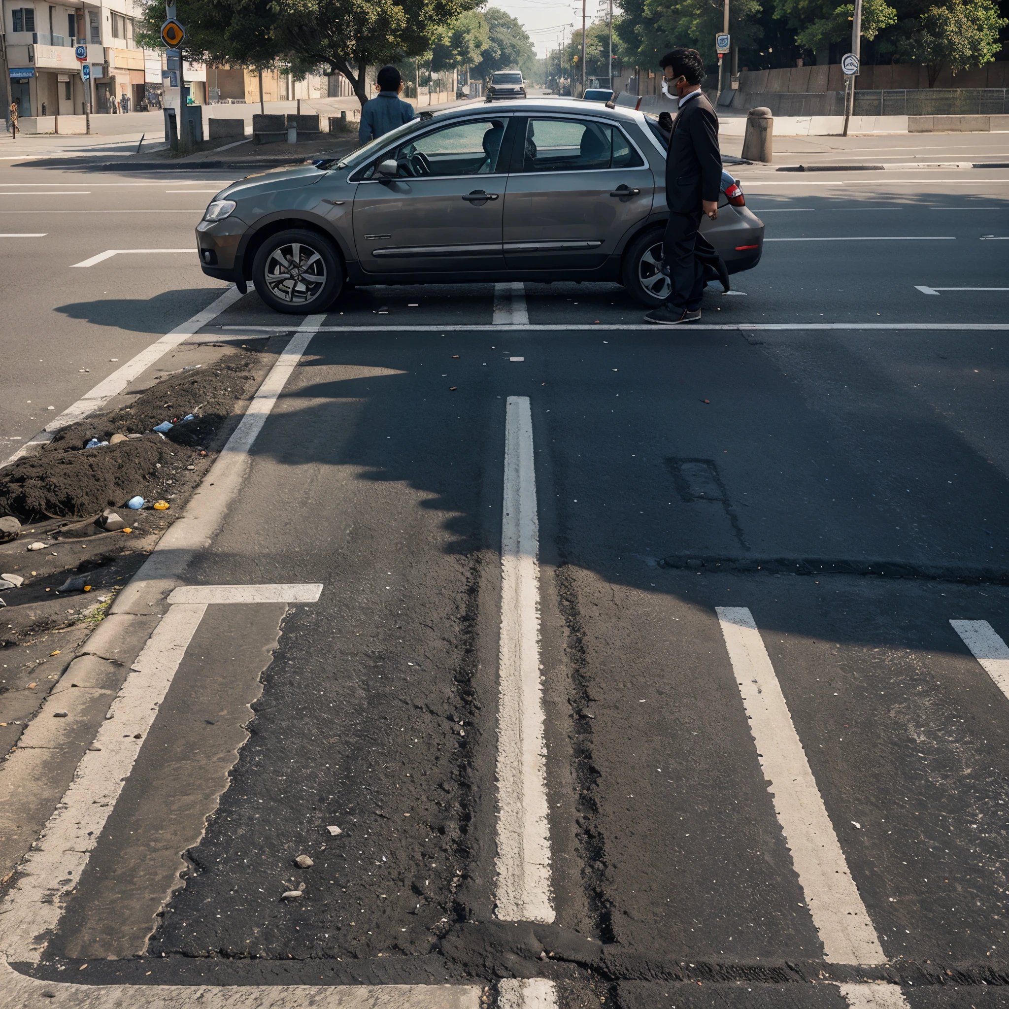 Road with potholes, people walking in the sidelines, pollution in the wind