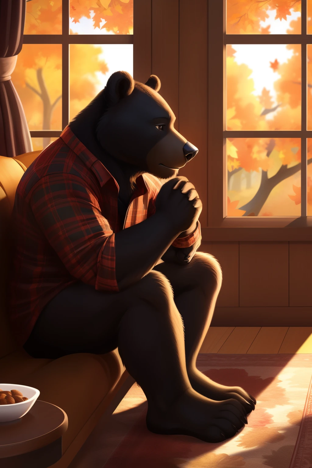 Black Bear, solo, seated, anthropomorphic, (deep in thought), living room, focus on bear, squirrel nestled next to him, (plaid shirt), (nuts in paw), intricate details, fall foliage outside window, warm lighting, cozy atmosphere, high resolution, hyperdetailed textures --s2

Black Bear, alone, contemplating, anthro, (leaning forward, chin in hand), home interior, squirrel present but wary, bear wearing (red and black checked shirt), (acorn in paw), close-up shot, autumn colors, soft shading, high definition, intricate facial features, autumn leaves falling gently outside.