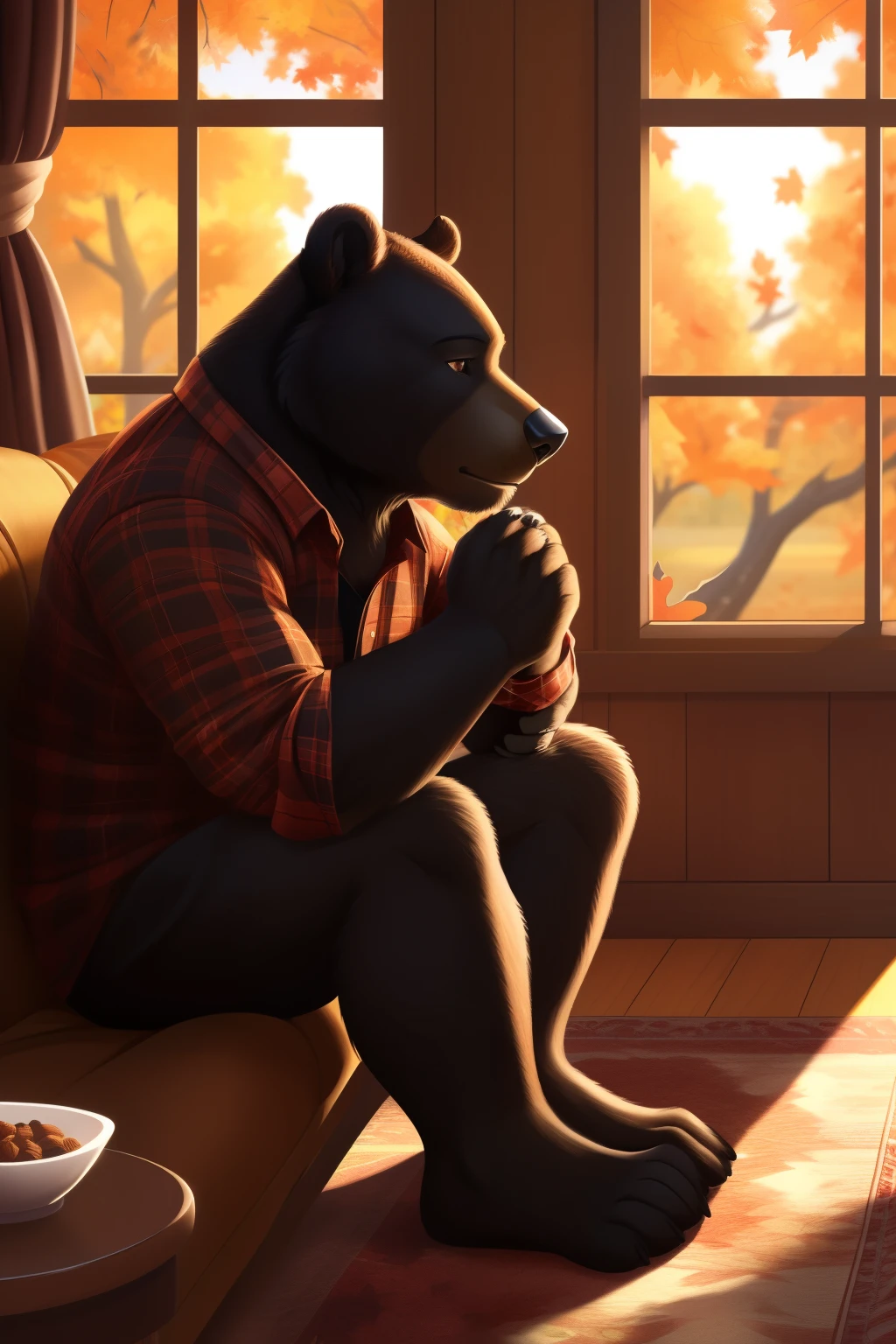 Black Bear, solo, seated, anthropomorphic, (deep in thought), living room, focus on bear, squirrel nestled next to him, (plaid shirt), (nuts in paw), intricate details, fall foliage outside window, warm lighting, cozy atmosphere, high resolution, hyperdetailed textures --s2
Black Bear, alone, contemplating, anthro, (leaning forward, chin in hand), home interior, squirrel present but wary, bear wearing (red and black checked shirt), (acorn in paw), close-up shot, autumn colors, soft shading, high definition, intricate facial features, autumn leaves falling gently outside.