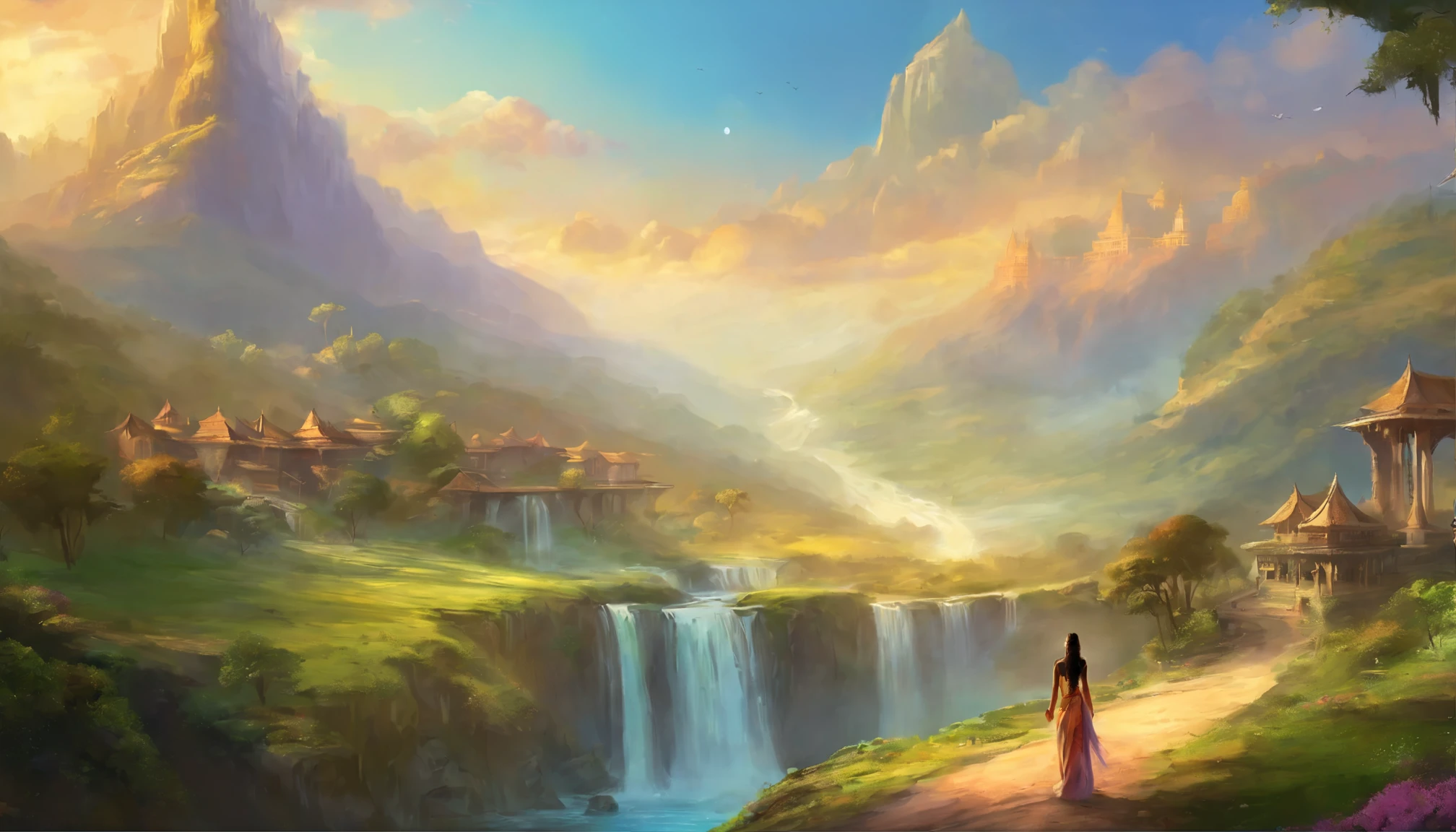 indian waterfall, valley road, Hindu temple in distance, huts near to valley, girl standing on road